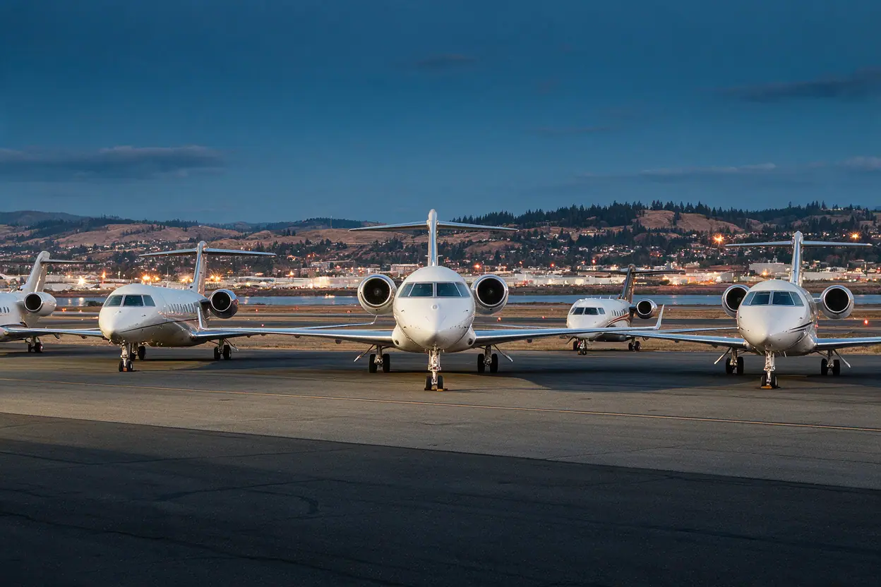 Business jets of different sizes on a ramp